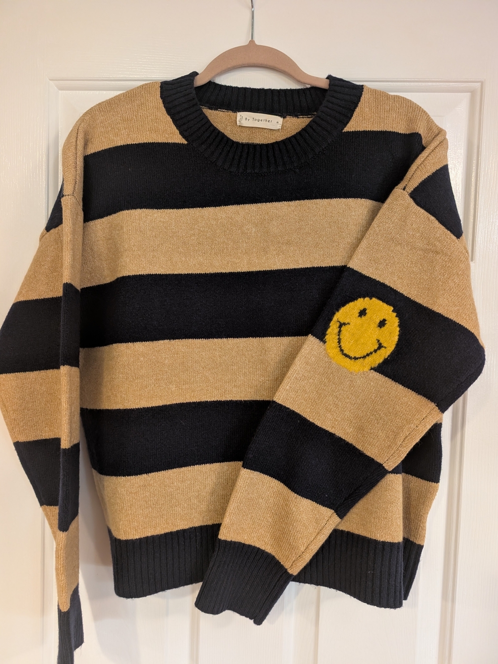 By Together Black and Tan Striped Crewneck Sweater with Smile Patch